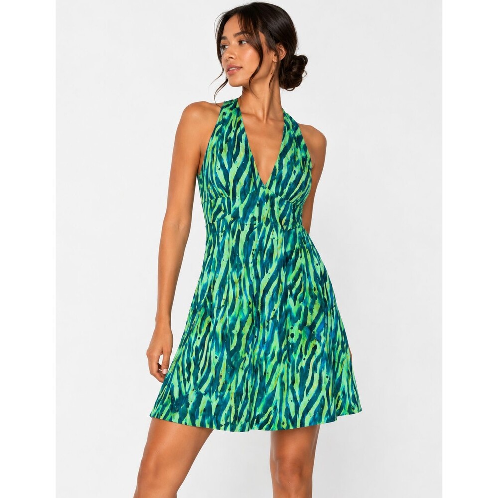 Zac Posen Green Blue Animal Print Halter Cocktail Dress Size 12 Fully Lined
